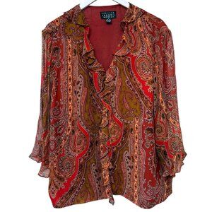 Vintage Spenser Jeremy Silk Ruffle Blouse Plus Size 22 Red Paisley Chiffon Top
